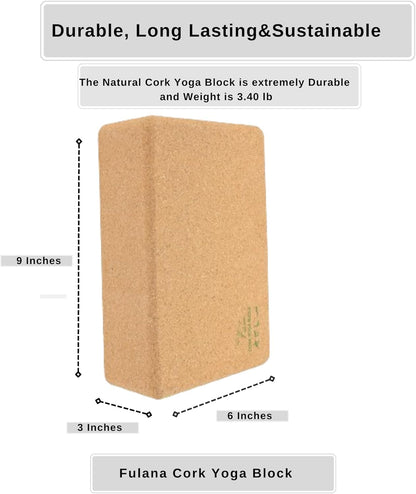 "FULANA Natural Cork Yoga Blocks (2-Pack) - High Density, Non-Slip Surface, Eco-Friendly (Women)(men) Yoga Accessories - 9x6x3 inches - Ideal Support for Yoga, Pilates, Stretching"