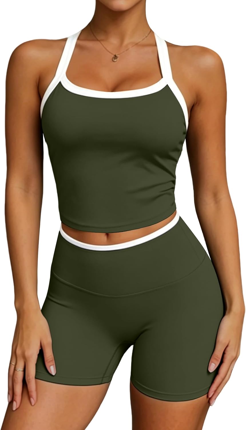 UOUA Womens Workout Set 2 Piece Gym Outfit High Waisted Tummy Control Shorts Halter Padded Sports Bra Tank Athletic Yoga Wear