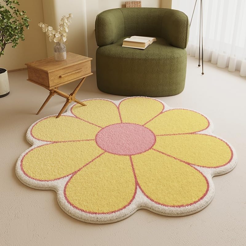 White Flower Shaped Rug, Cute Round Indoor Rug, 39.4" Diameter, High Pile Faux Wool, Non-Slip Backing