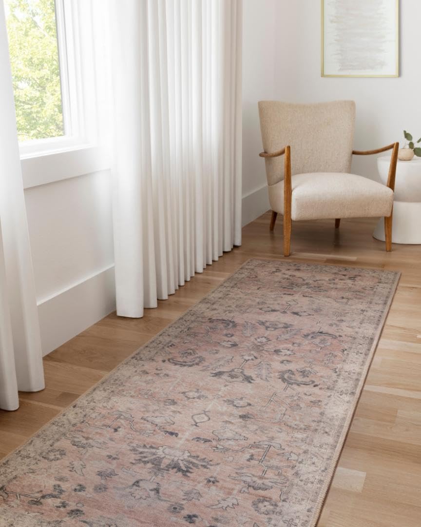 Loloi Hathaway Collection HTH-06 Blush/Multi 2'-6" x 7'-6", .25" Thick, Runner Rug, Soft, Durable, Printed, Modern, Low Pile, Non-Shedding, Easy Clean, Living Room Rug