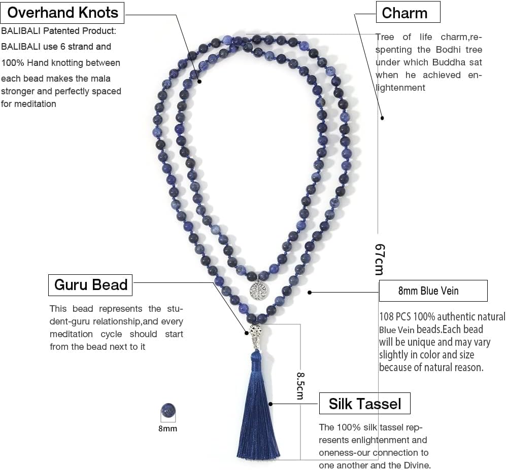 108 Mala Beads Necklace Semi-Precious Gem Stones Meditation Necklace 108 Hand Knotted Japa Mala Beaded Tassel Necklace with Tree of Life Pendant