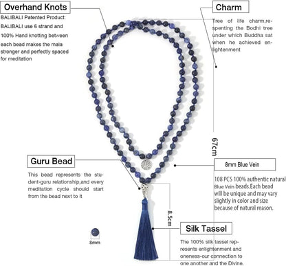 108 Mala Beads Necklace Semi-Precious Gem Stones Meditation Necklace 108 Hand Knotted Japa Mala Beaded Tassel Necklace with Tree of Life Pendant