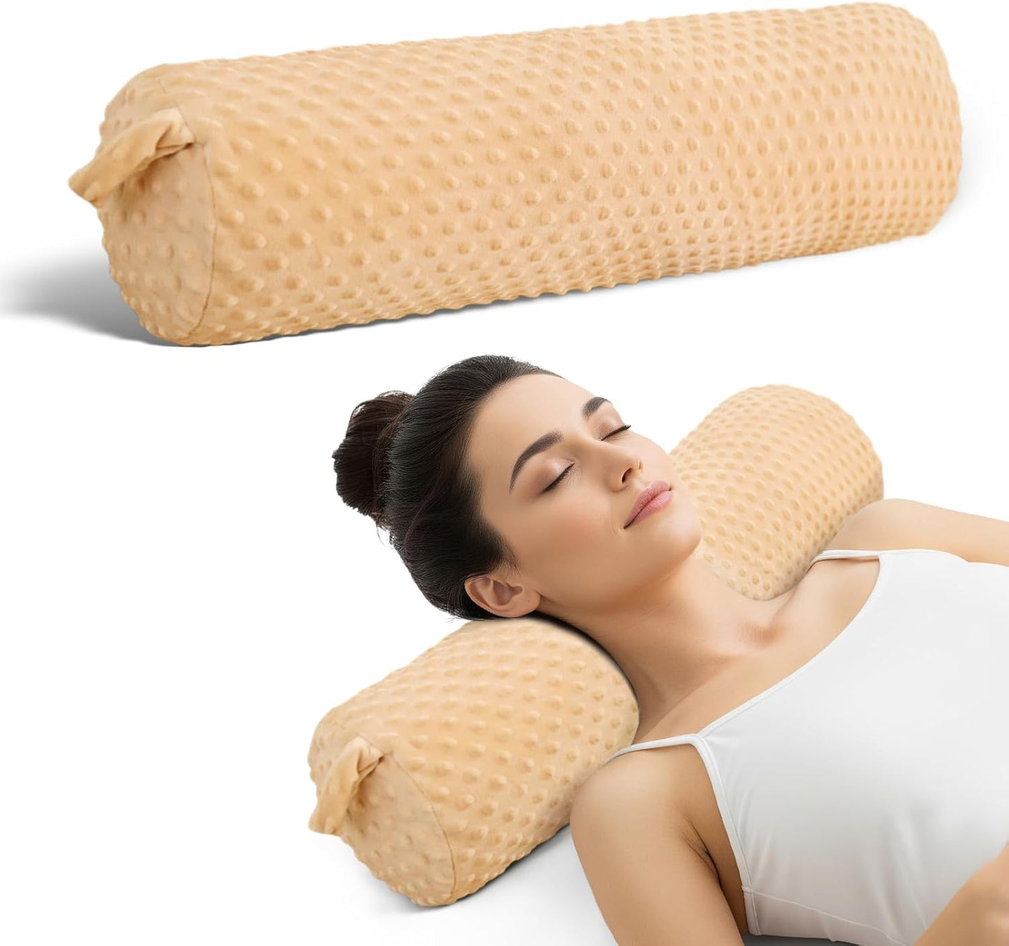 Cervical Neck Roll Pillow Memory Foam Blush Pink 24in Round Neck Pillows Support for Sleeping Lightweight Bolster Cushion for Yoga Travel，Washable Cover