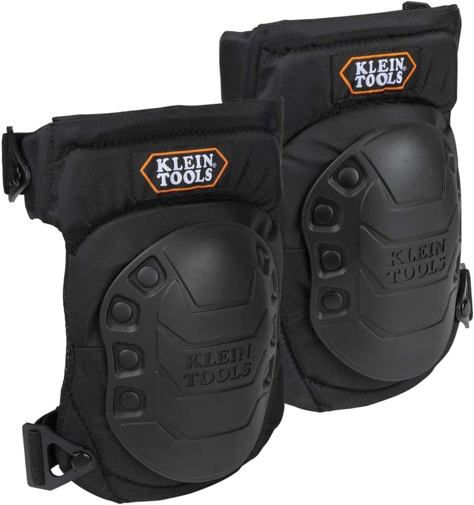 KLEIN TOOLS 60344 Knee Pads, Hinged Gel Knee Pads with Slip Resistant Rubber Caps, Quick-Release Clips and Adjustable Straps, Black