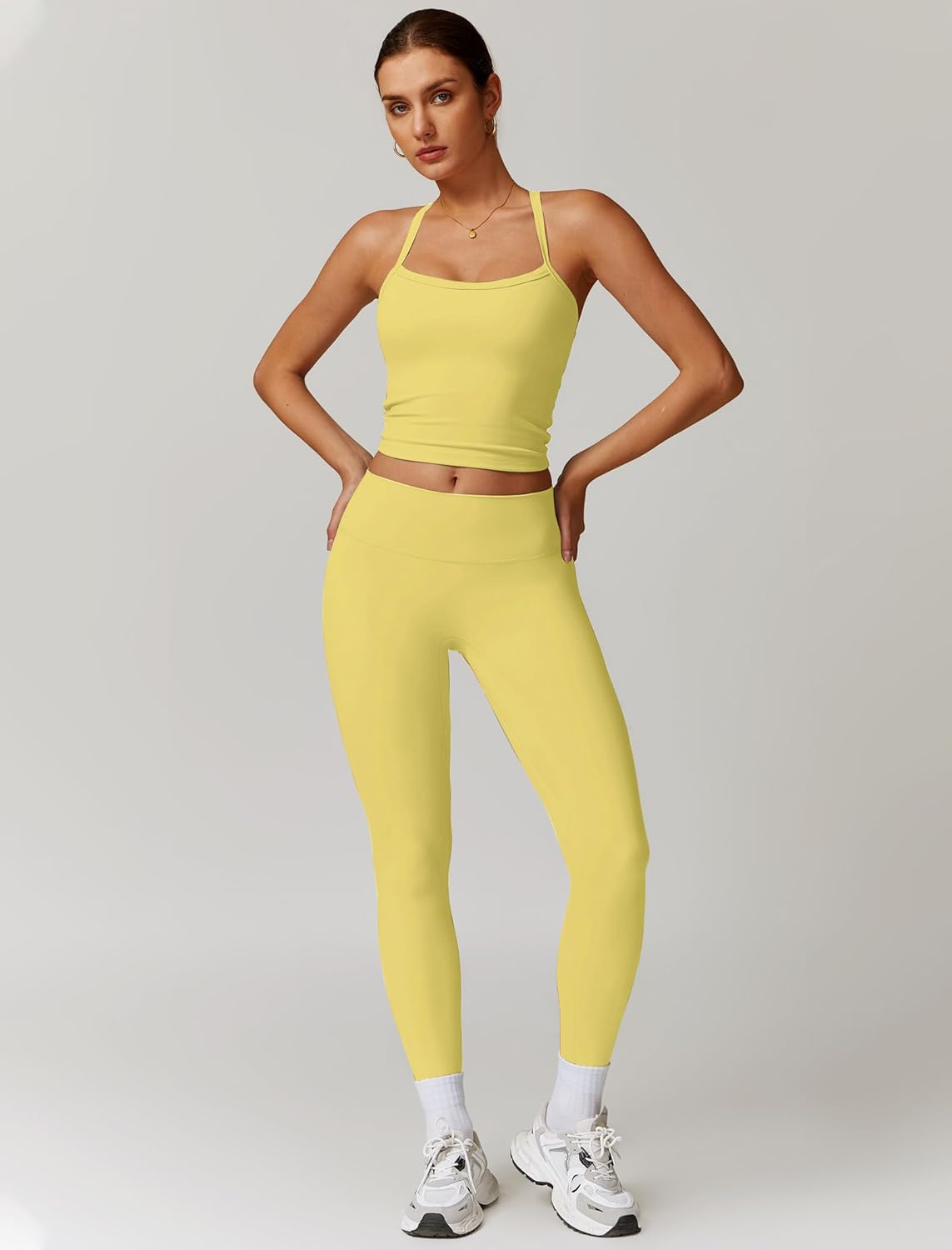 Women 2 Piece Workout Sets Padded Criss Cross Back Crop Tank High Waist Tummy Control Active Leggings Sets Yoga Outfit