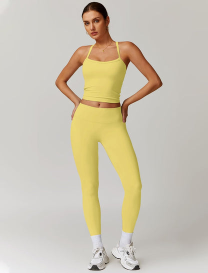 Women 2 Piece Workout Sets Padded Criss Cross Back Crop Tank High Waist Tummy Control Active Leggings Sets Yoga Outfit