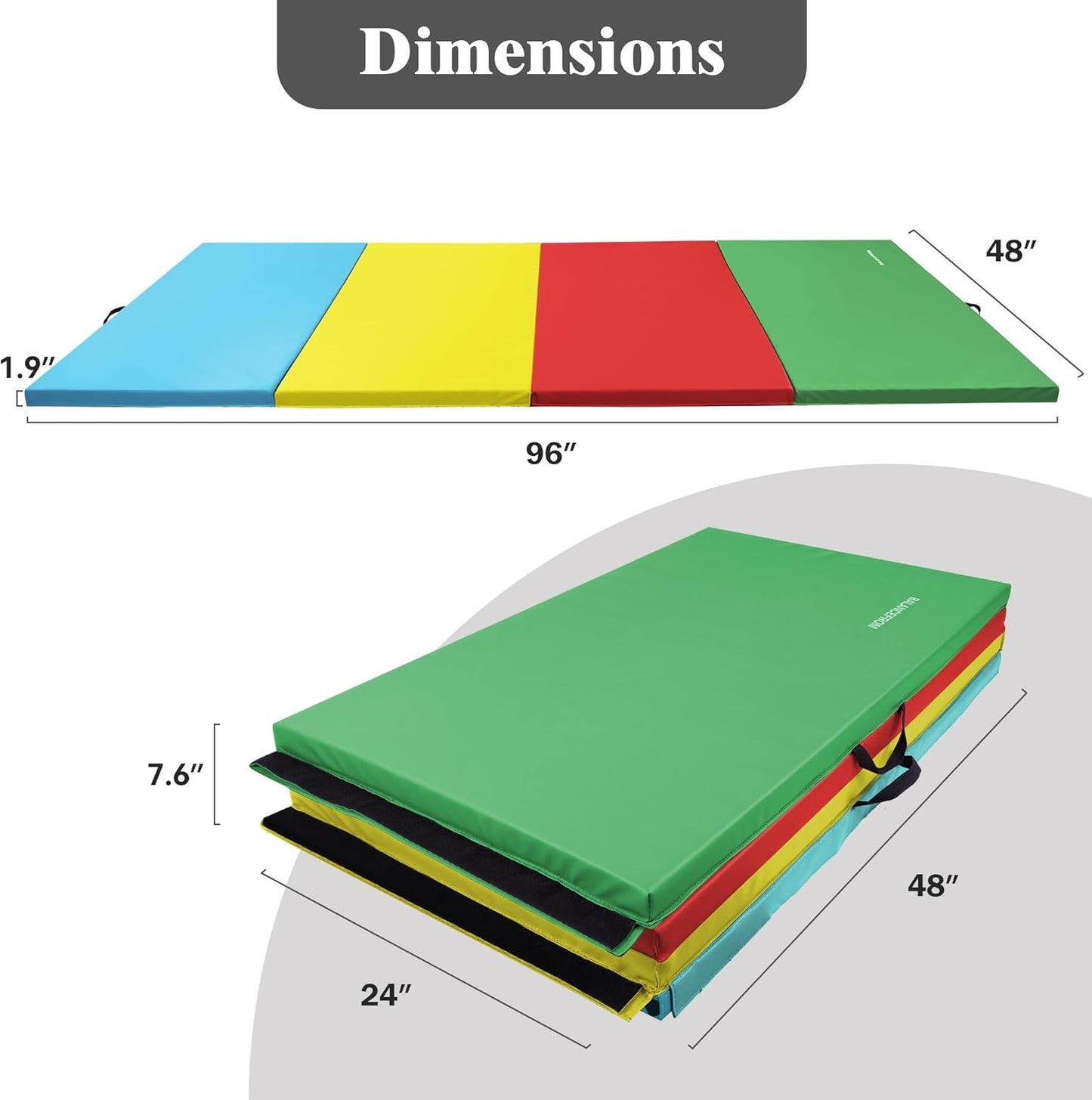 Fitvids 4'x8'x1.9" Gymnastics Mat, Home Exercise Mat with Carrying Handles, Folding Gym Workout Tumbling Mat for Yoga, Pilates, Stretching, MMA, Core Workouts, Fitness Aerobics Mats for Gym Training