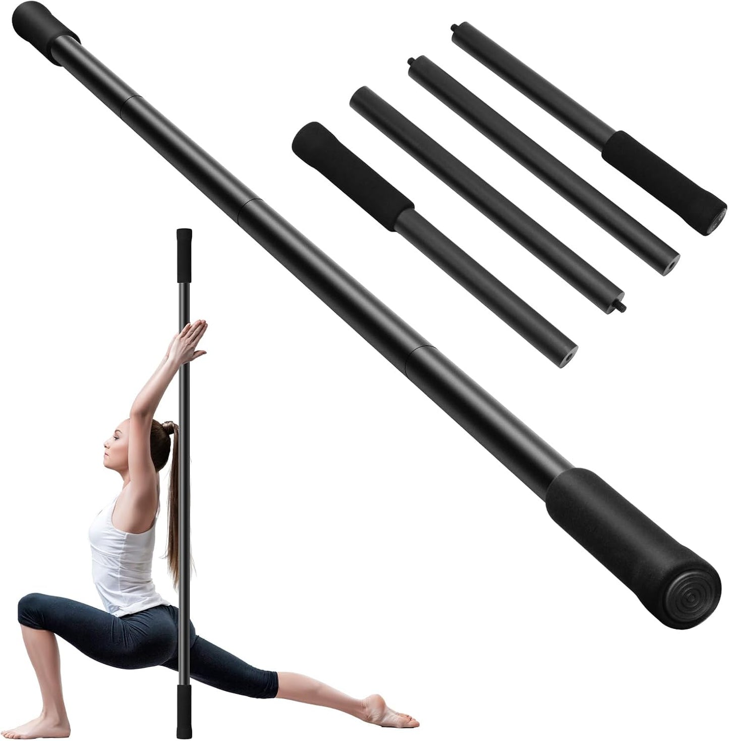 Krightlink Yoga Stick 5ft Adjustable Stretching Stick, Versatile Exercise Stick Non-Slip Ends and Sponge Handles for Fitness, Flexibility and Balance, Posture Correction - Black