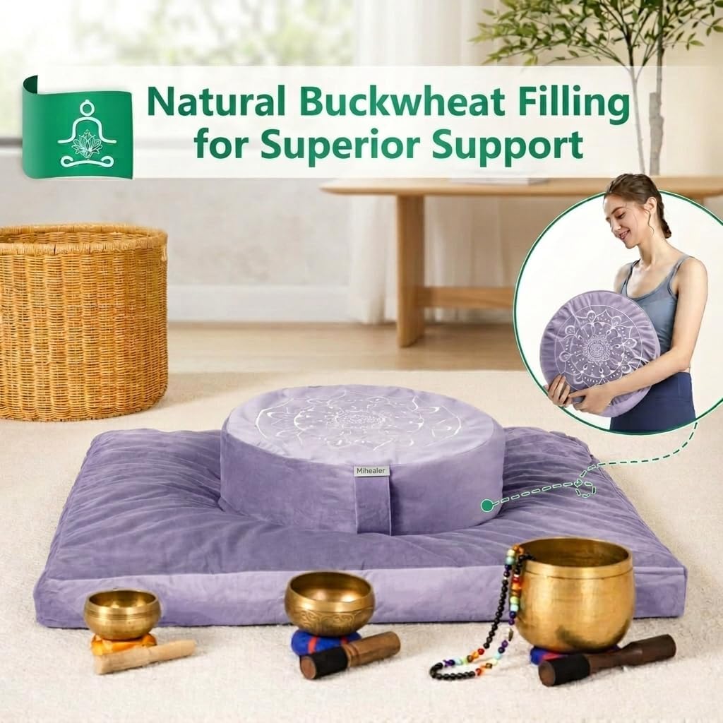 Hihealer Meditation Cushion, Traditional Tibetan Meditation Pillow Velvet Cover - Large Floor Cushion Seating for Adults - Yoga Buckwheat Bolster for Women、Moms