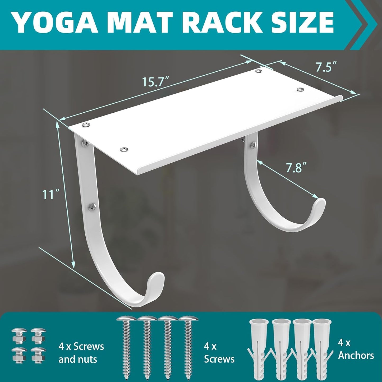 Yoga Mat Holder Wall Mount, No-Tie Pilates Mat Storage Rack with Top Floating Shelf, 4-Tiers Holding Yoga Blocks/Rollers and Exercise Mat, Workout Mat, Home Gym Equipment Accessories