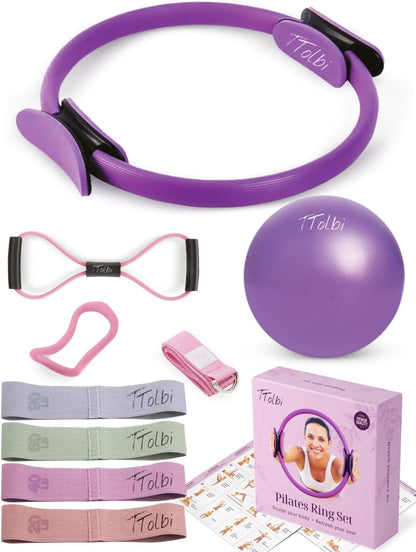 TTolbi Pilates Equipment Kit - Pilates Ring and Ball Set, Home Pilates Workout Kit for Women with Essential Accessories for At Home Workouts to Tone, Strengthen, Balance & Improve Flexibility