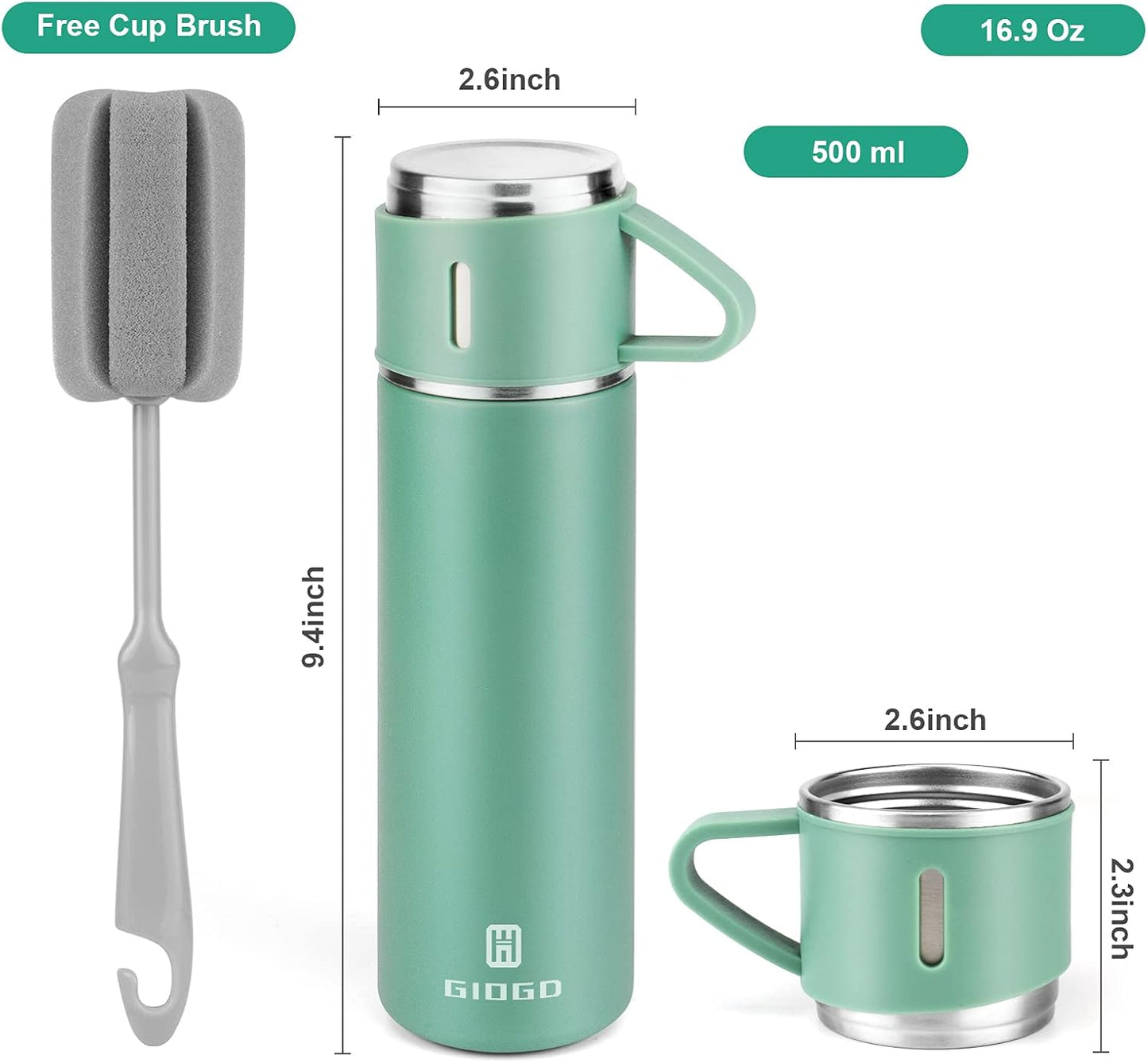 Stainless Steel Thermo 500ml/16.9oz Vacuum Insulated Bottle with Cup for Coffee Hot drink and Cold drink water flask.(Pink,Set)