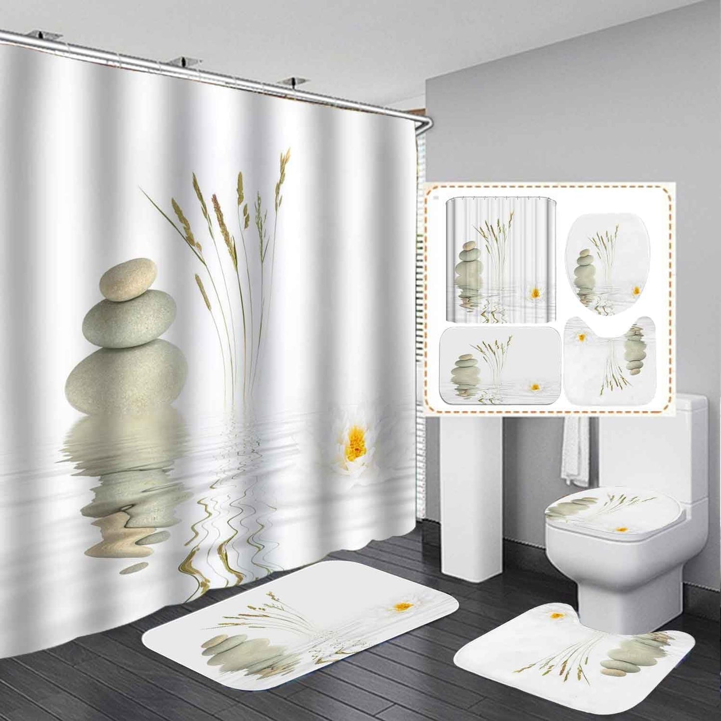 4PCS Spa Zen Shower Curtain Sets with Rugs, White Shower Curtain, Pink Floral Orchid Lotus Water Lily Stone Bamboo Water Reflection Yoga Massage Relaxing Spiritual Meditation Bathroom Decor
