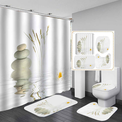 4PCS Spa Zen Shower Curtain Sets with Rugs, White Shower Curtain, Pink Floral Orchid Lotus Water Lily Stone Bamboo Water Reflection Yoga Massage Relaxing Spiritual Meditation Bathroom Decor