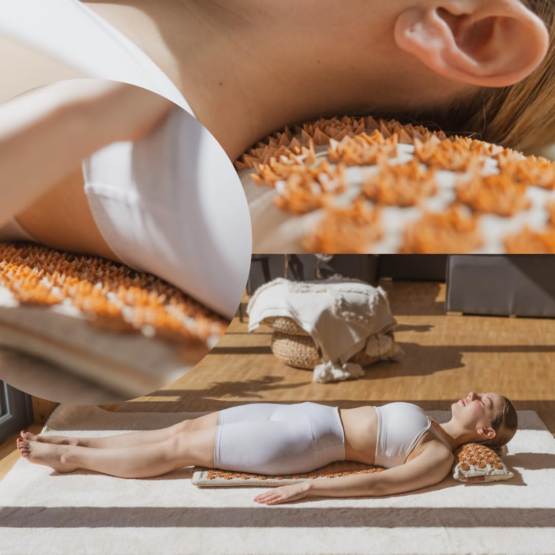 Glanzstück Berlin® Acupressure Mat Set Premium, Beginner Suitable, Made of Linen, Neck and Back Pain Relief, with Pillow (Heat Function) & Bag, Sustainable
