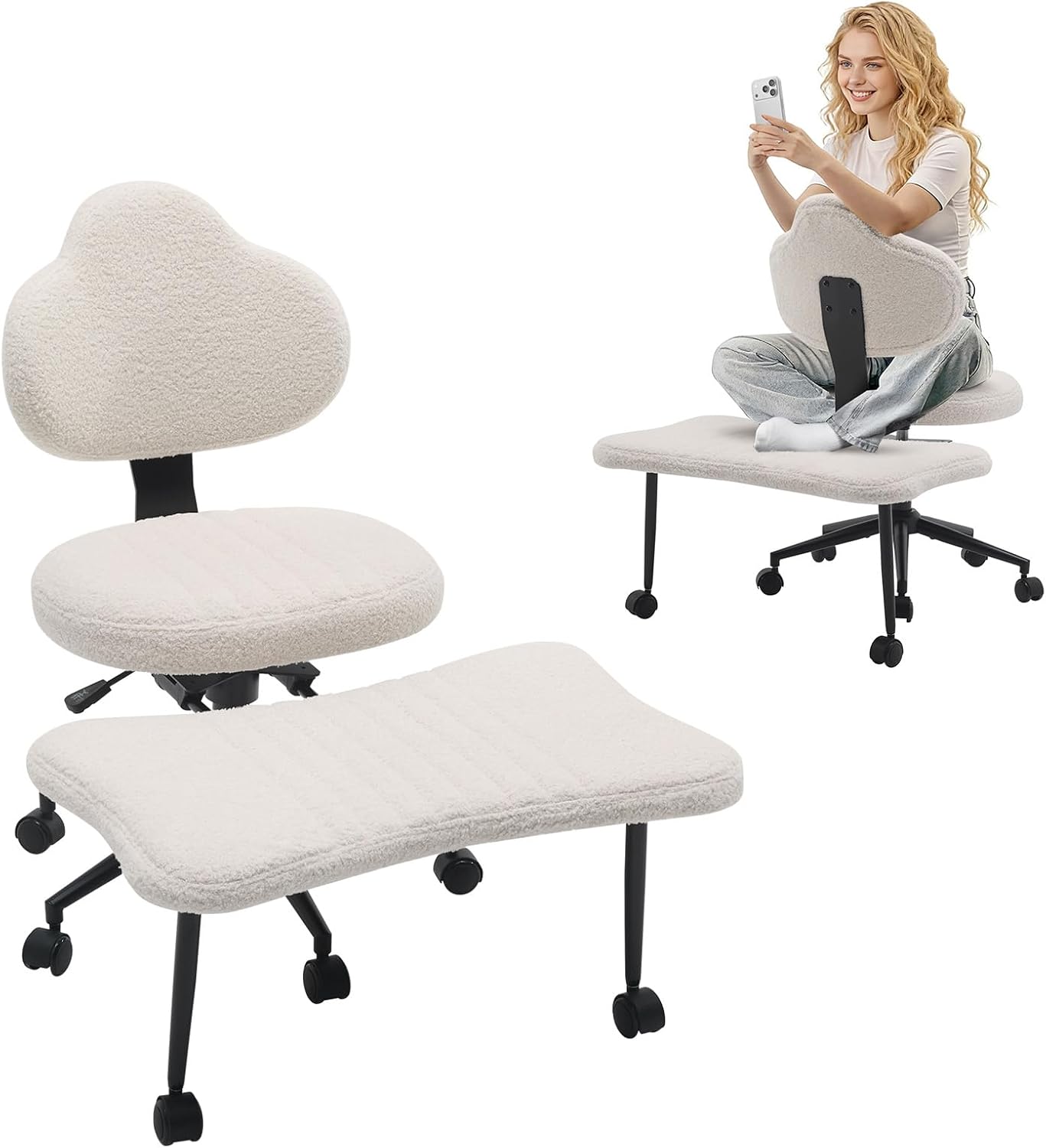 Ergonomic Cross Legged Chair, 360° Swivel Meditation Chair with Wheels, Height Adjustable Seat for Meditation, ADHD & Yoga, PU Leather Yoga Stool for Home Office, Black