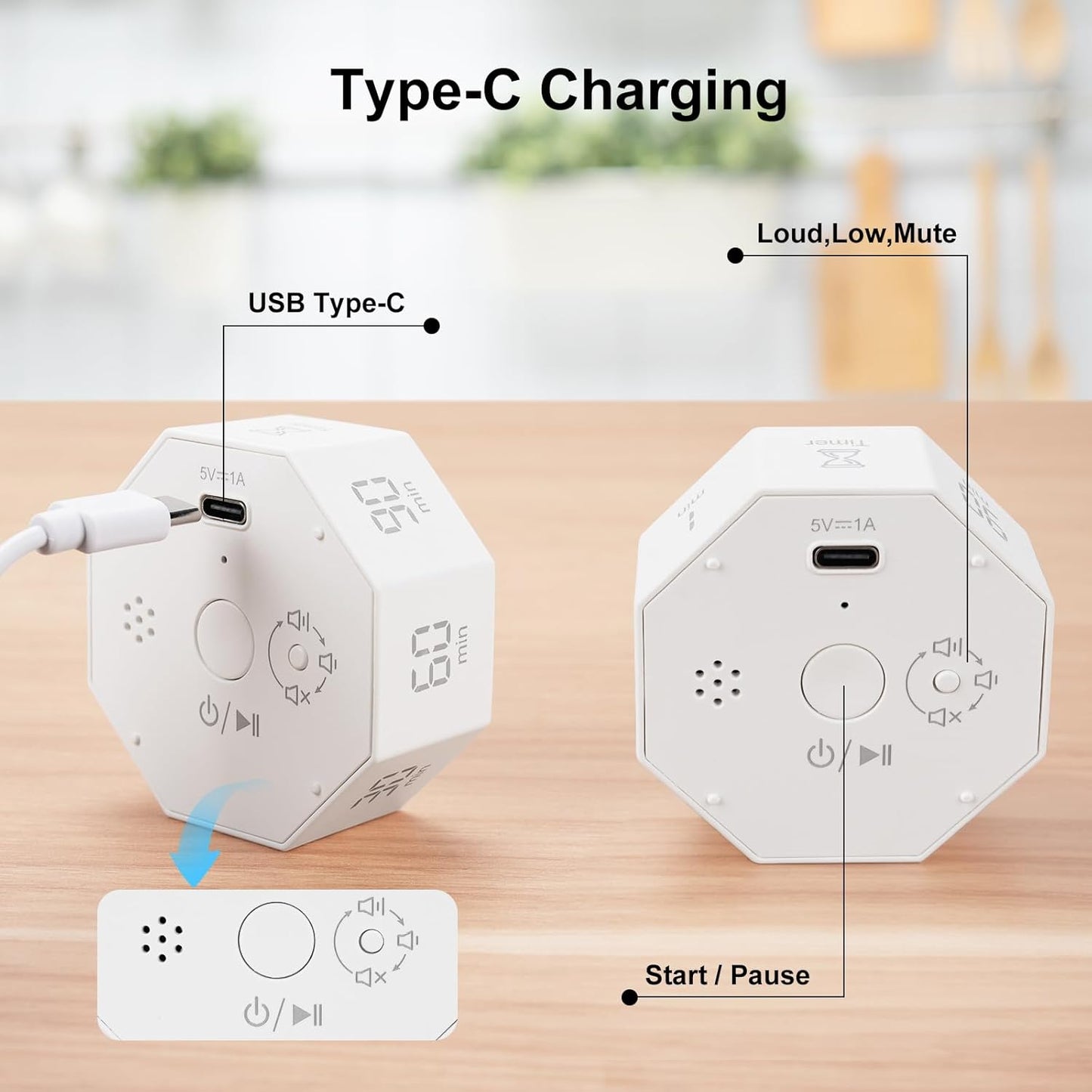 Small Rechargeable Pomodoro Timer, Gravity Sensor Auto-Rotating 7 Preset Times (1/3/5/15/30/60/90 min) & Count Up Mode, Digital Kitchen Timers for Cooking, Work and Study (Pearl White)
