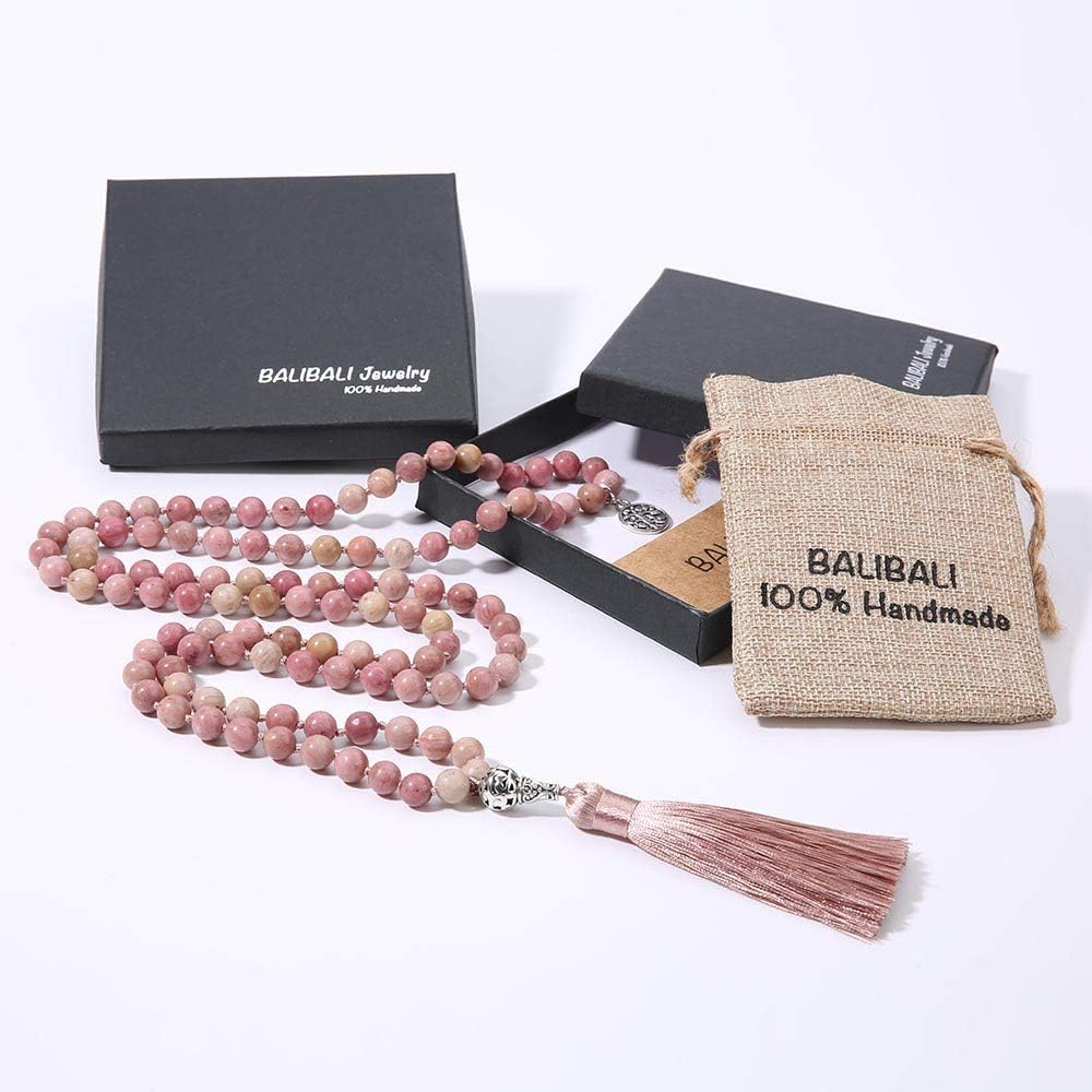 108 Mala Beads Necklace Semi-Precious Gem Stones Meditation Necklace 108 Hand Knotted Japa Mala Beaded Tassel Necklace with Tree of Life Pendant