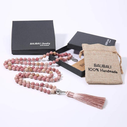 108 Mala Beads Necklace Semi-Precious Gem Stones Meditation Necklace 108 Hand Knotted Japa Mala Beaded Tassel Necklace with Tree of Life Pendant