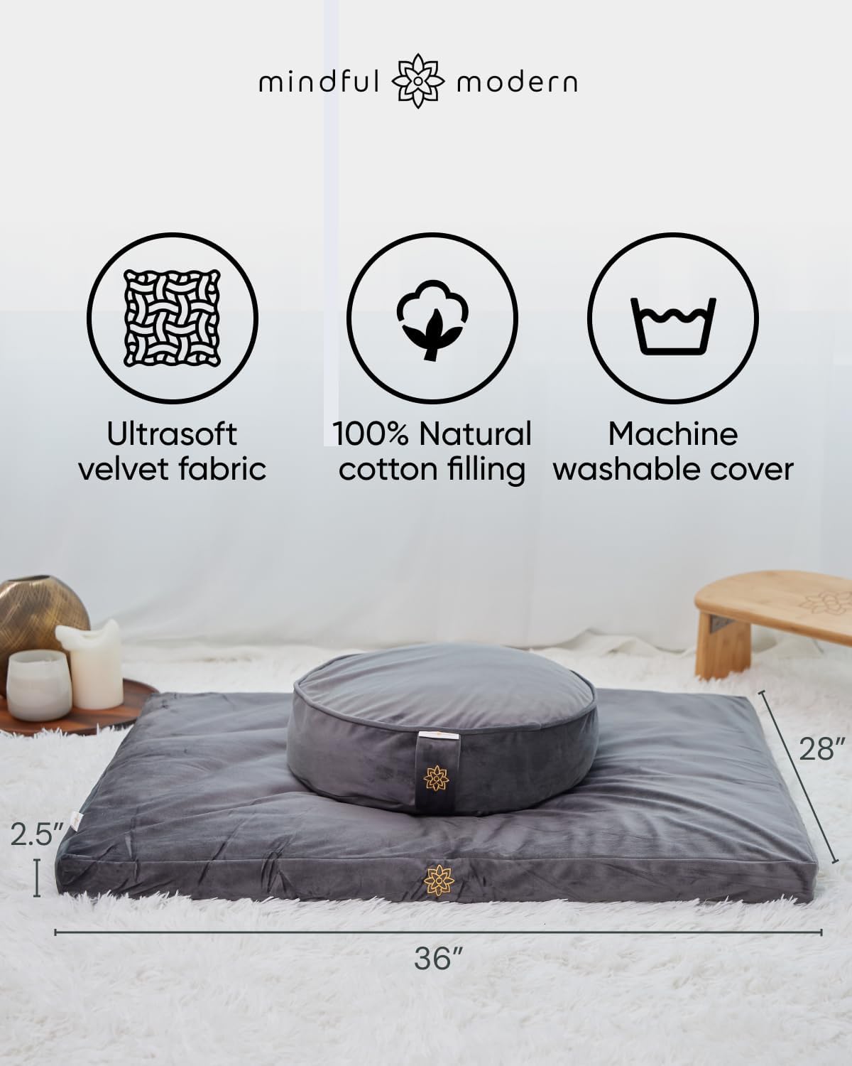 Mindful & Modern Zabuton Meditation Mat - Cotton Filled Yoga and Meditation Pad - Zabuton Meditation Cushion for Kneeling and Sitting Support - Large Rectangular Sitting Floor Pillow for Bench or Zafu