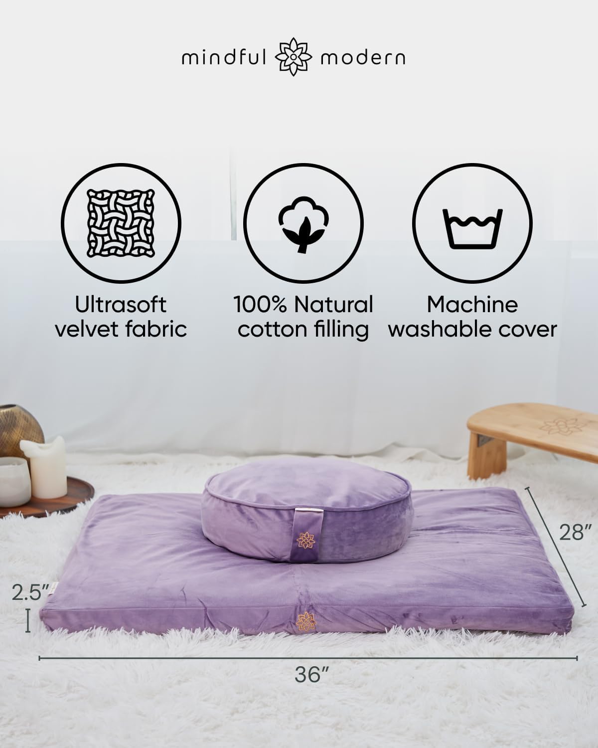 Mindful & Modern Zabuton Meditation Mat - Cotton Filled Yoga and Meditation Pad - Zabuton Meditation Cushion for Kneeling and Sitting Support - Large Rectangular Sitting Floor Pillow for Bench or Zafu
