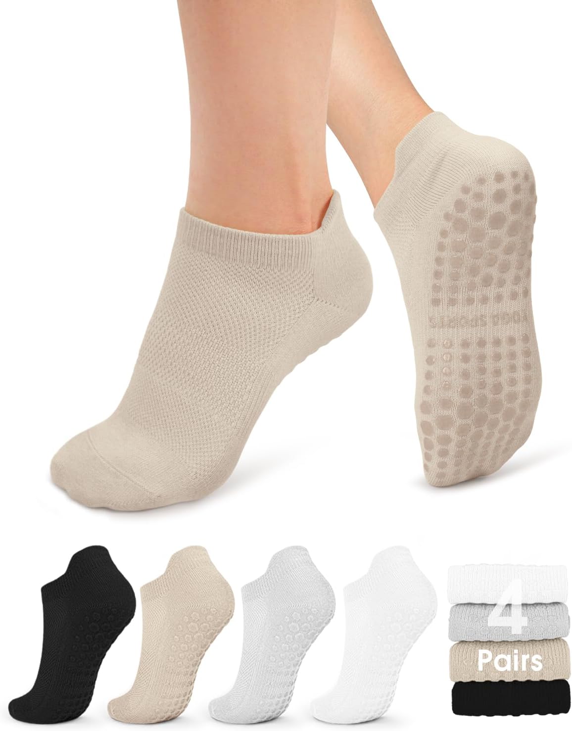 yeuG Pilates Socks for Women Non Slip Grip Socks for Yoga, Barre, Hospital, Barefoot Grippy Yoga Sock Womens Gifts 4 Pairs