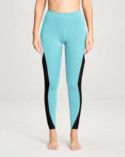 QUEENIEKE Women Yoga Pants Color Blocking Mesh Workout Running Leggings Tights
