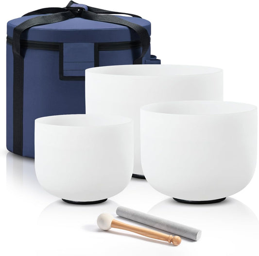 440HZ Sound Healing 8''-12'' Set of 3 Crystal Singing Bowls, Frosted Chakra Quartz Crystal Sound Bowl 8'' A Third-Eye, 10'' F Heart, 12'' C Root With Carry Bags and Mallet