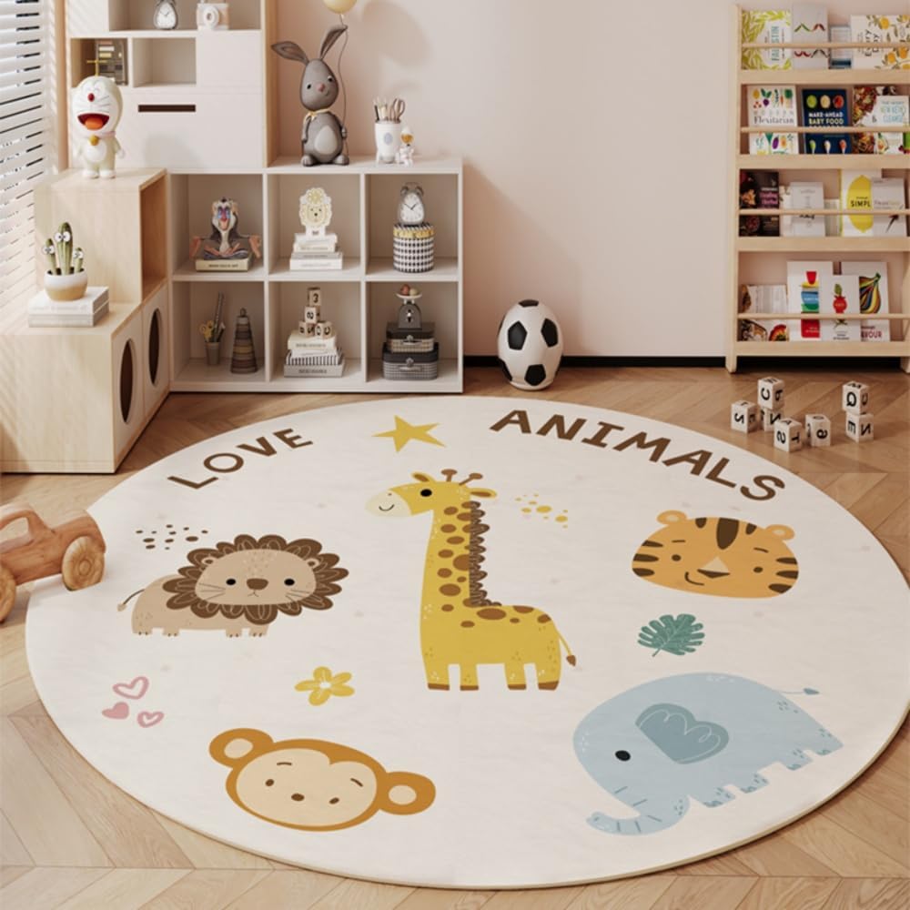 Poowe Cute Animals Kids Room Rug,39.4" Round Washable Area Rugs Rabbit Rug Nursery Rug for Baby Boys Girls Play Mat Floor Carpet Non Slip Soft Rugs for Living Room Bedroom Playroom Classroom