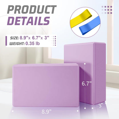 Yoga Blocks 2 Pack 3x6x9IN Foam Block Supportive Latex-Free with Stretch Band, Non-Slip Exercise Blocks for Pilates, Meditation, Balance, Stretching and Deep Poses