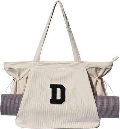 ESVAN Corduroy Yoga Tote Bag Gifts for Women Drawstring Yoga Mat Bag for Office Workout Travel Carryall Pilates Gym