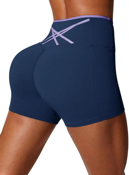 Aoysky Womens Workout Biker Shorts 5" Color Block High Waisted Yoga Athletic Shorts