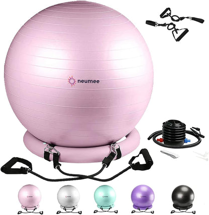 Yoga Ball Chair with 65cm Exercise Ball & 2 Resistance Bands, Stability Base for Home Office, Yoga, Pilates & Fitness, Balance Ball for Posture, Core Strength & Low Impact Workouts
