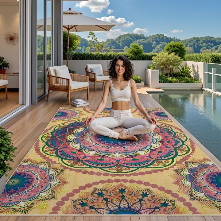 Arenarug Meditation Indoor Outdoor Rug 5x8 ft Mandala Pattern Rug Boho Style,Yoga Meditation Mat Picnic Rug for Patio Living Room Porch Garden Deck Backyard Easy to Clean Non Shedding Non-Slip