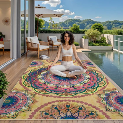 Arenarug Meditation Indoor Outdoor Rug 5x8 ft Mandala Pattern Rug Boho Style,Yoga Meditation Mat Picnic Rug for Patio Living Room Porch Garden Deck Backyard Easy to Clean Non Shedding Non-Slip