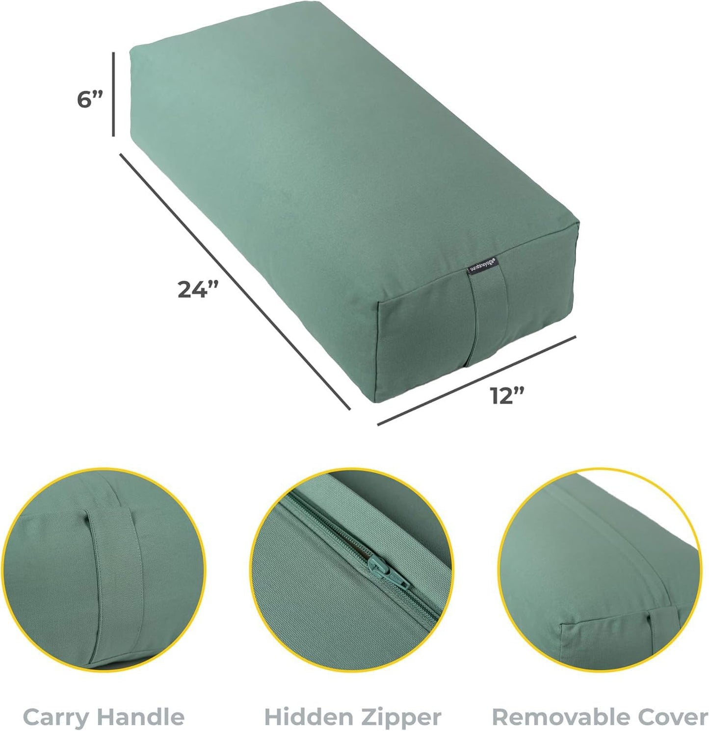 Extra Firm Large Yoga Bolster, 24" x 12" x 6" Cinched OR Zippered Yoga Pillow, Rectangular Cotton Cushion With Removable Cover for Studios, 1 Pack or 2 Pack