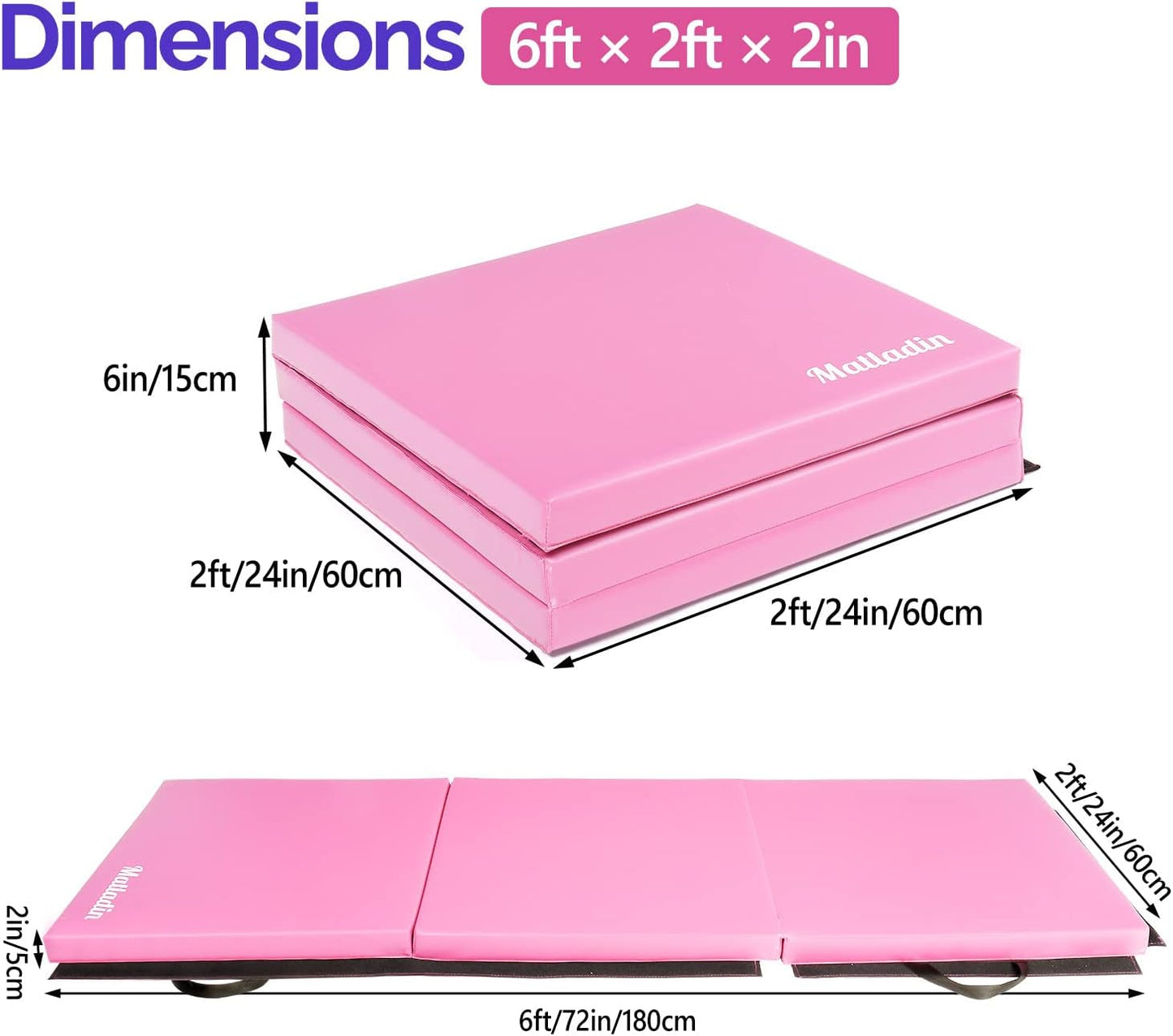 Matladin 6' Folding Tri-fold Gymnastics Gym Exercise Aerobics Mat, 6ft x 2ft x 2in PU Leather Tumbling Mats with Hook & Loop Fastener for Stretching Yoga Cheerleading Martial Arts