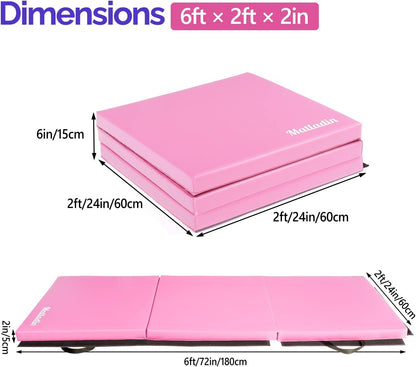 Matladin 6' Folding Tri-fold Gymnastics Gym Exercise Aerobics Mat, 6ft x 2ft x 2in PU Leather Tumbling Mats with Hook & Loop Fastener for Stretching Yoga Cheerleading Martial Arts