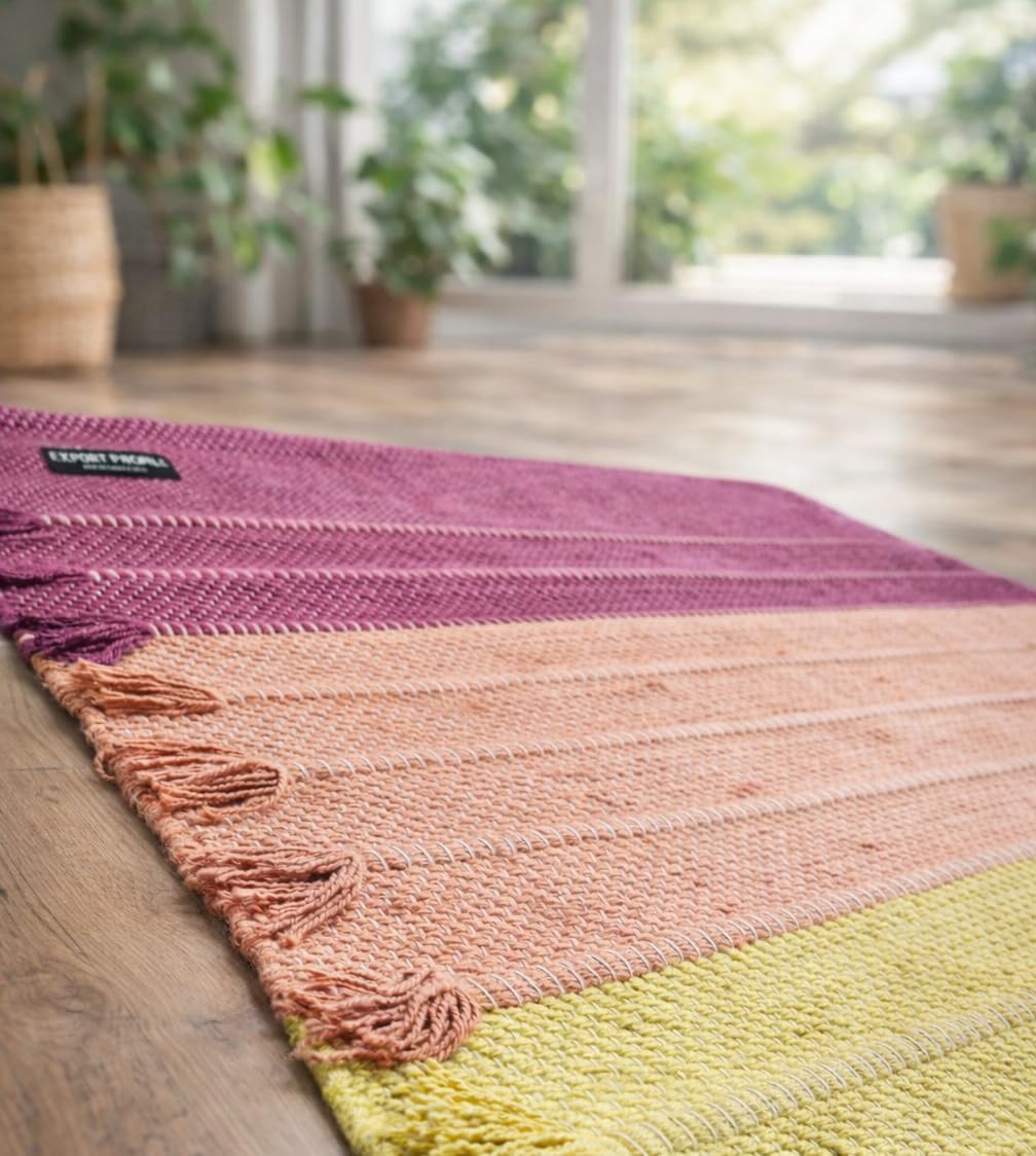 Indian Handmade100 % Organic Anti Skid Multi Colour Cotton Yoga Mat - Eco-Friendly Hand-Woven Rug - Non-Slip & Thick (24”x72”x5mm) for Hot yoga & Everyday Fitness at Home - Comfortable & Foldable Extra-Long Mat