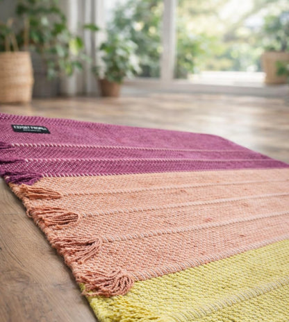 Indian Handmade100 % Organic Anti Skid Multi Colour Cotton Yoga Mat - Eco-Friendly Hand-Woven Rug - Non-Slip & Thick (24”x72”x5mm) for Hot yoga & Everyday Fitness at Home - Comfortable & Foldable Extra-Long Mat