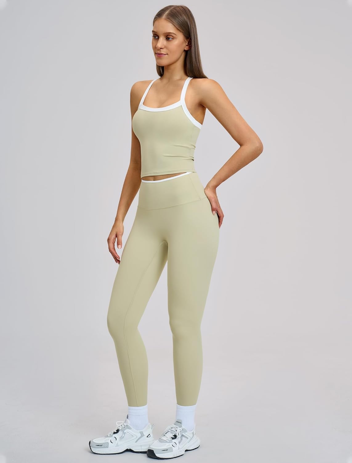 Women 2 Piece Workout Sets Padded Criss Cross Back Crop Tank High Waist Tummy Control Active Leggings Sets Yoga Outfit