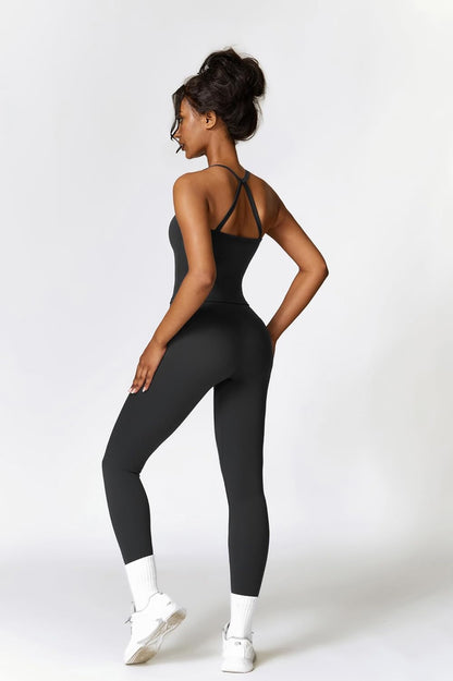 Women 2 Piece Workout Sets Padded Criss Cross Back Crop Tank High Waist Tummy Control Active Leggings Sets Yoga Outfit