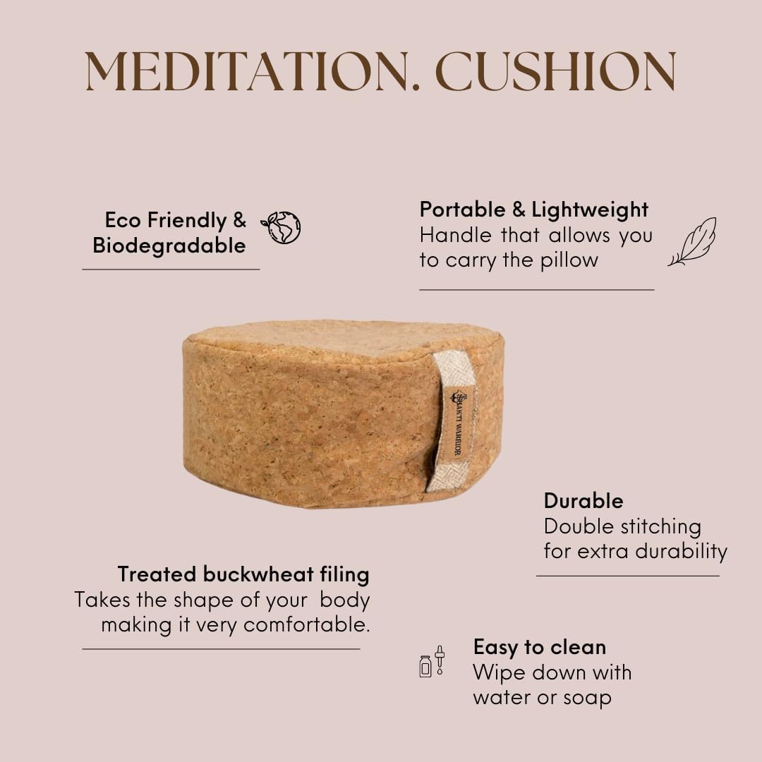 Shakti Warrior Zen Meditation Cushion - Sustainable Cork Fabric Cover, Lined with cotton and filled with treated buckwheat. Non-toxic, eco Friendly Meditation Pillow (15inch x 15inch x 5 Thick)