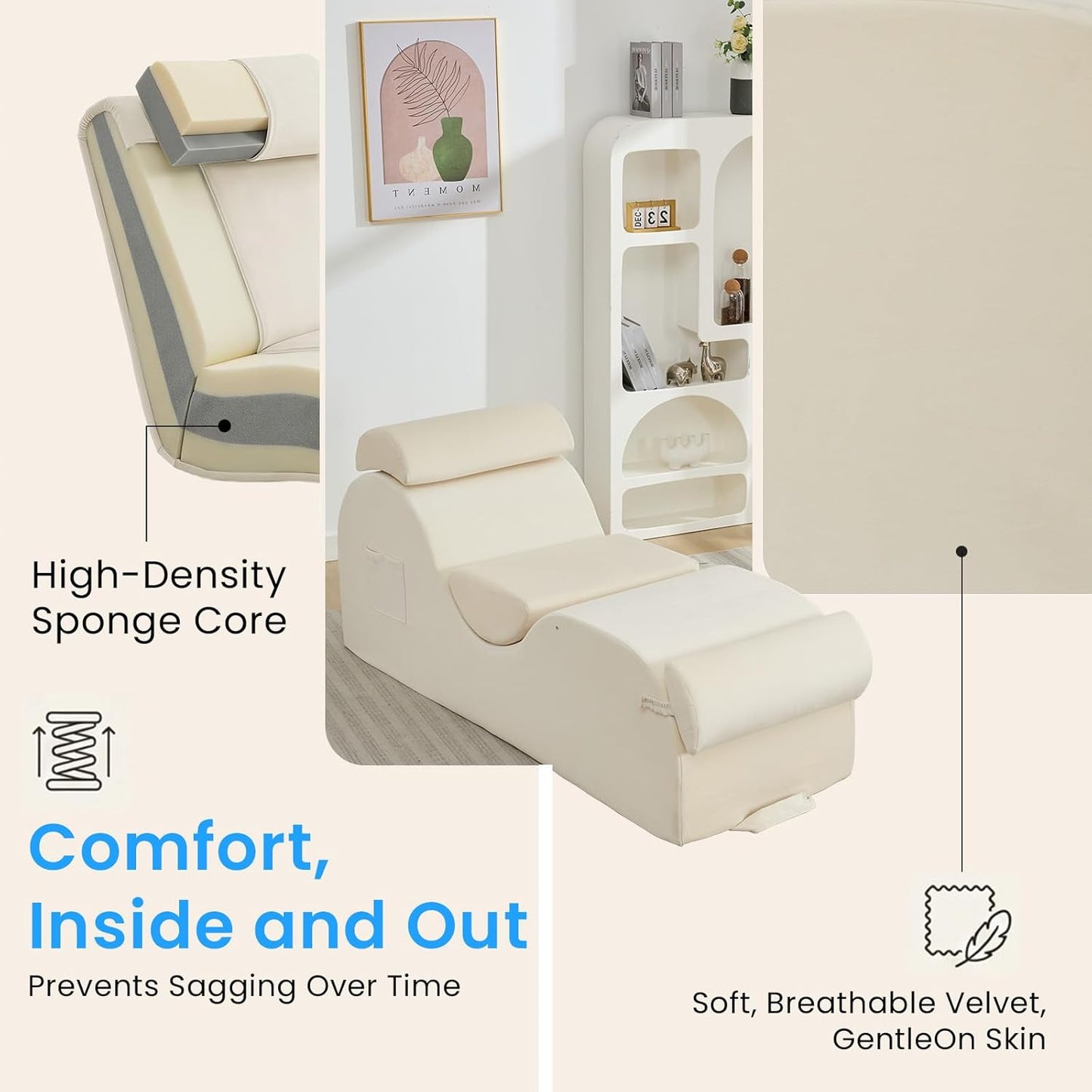 ijuicy 25 Inch Home Stretch Yoga Chair, Velvet Fitness Yoga Chaise Lounge Chair Indoor, Yoga Training Reliner with Adjustable Footrest & Headrest, Light Grey