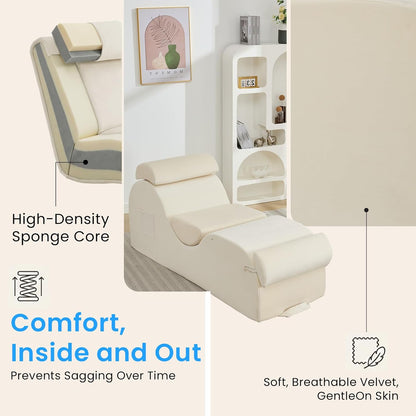 ijuicy 25 Inch Home Stretch Yoga Chair, Velvet Fitness Yoga Chaise Lounge Chair Indoor, Yoga Training Reliner with Adjustable Footrest & Headrest, Light Grey