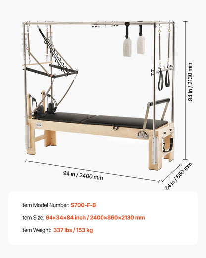 VEVOR Pilates Reformer, Reformer Pilates Machine with Cadillac Trapeze Table or Tower & Mat, Pilates Equipment for Home Workout and Studio, Includes Jump Board，Sitting Box