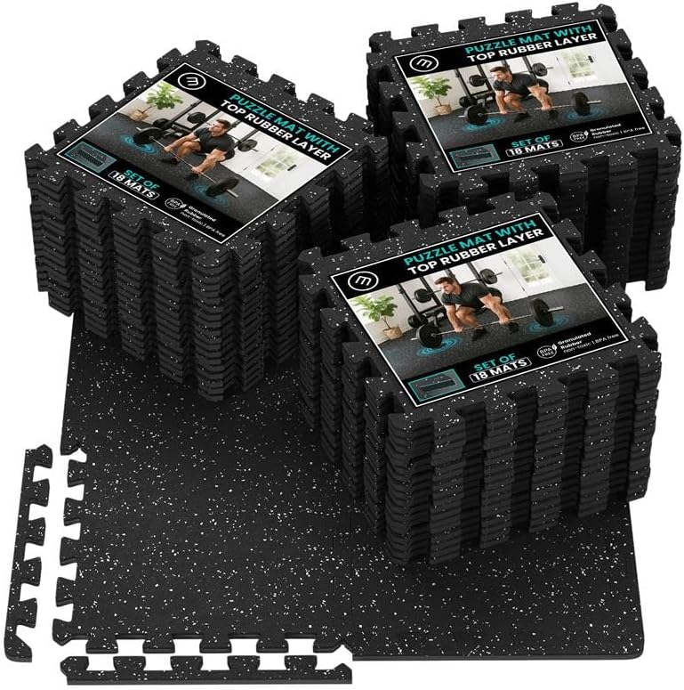 bemaxx Gym Mats Set - 18 pcs EVA Interlocking Foam Floor Tiles (12.6"x12.6"x0.4") 18sqft Protective Gym Flooring Sports Home Workout Exercise Mats Puzzle Garage Fitness Play-Room Pool Treadmill Bike