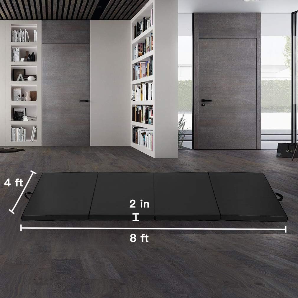 Exercise Mat 2'x6'/4'x8'/4'x10' Gymnastics Mat Folding Gymnastics Tumbling Mats 1.6"-2" Thick PU Leather Yoga Mat Portable With Carrying Handles for home Workout outdoor Yoga Pilates