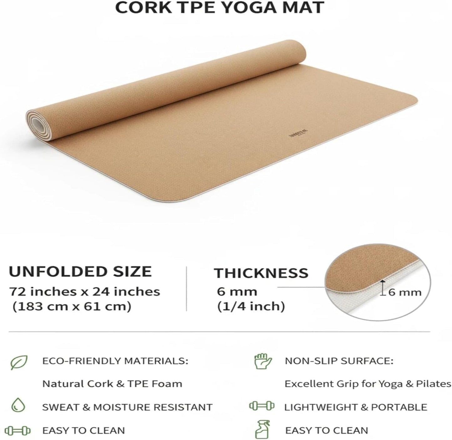 Cork Yoga Mat 6mm Extra Thick Cushioning High Density Natural Rubber Exercise Pad 72 x 24 Inch for Home Gym