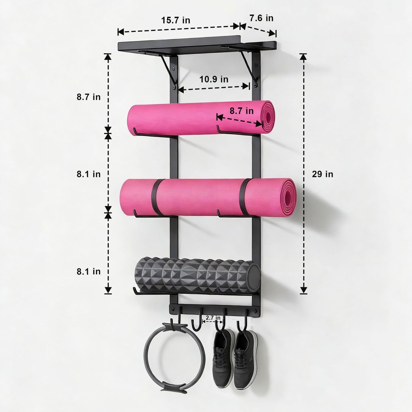 Black Wall Mount Yoga Mat Holder with Floating Shelf & 5 Hooks, Home Gym Storage Rack for Yoga Mats, Foam Rollers and Resistance Bands, Metal